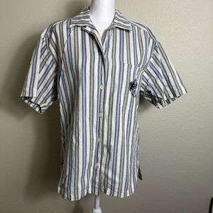 Rafaella Women's‎ Top Short Sleeve Button Up Striped Embroidered Pocket Size M